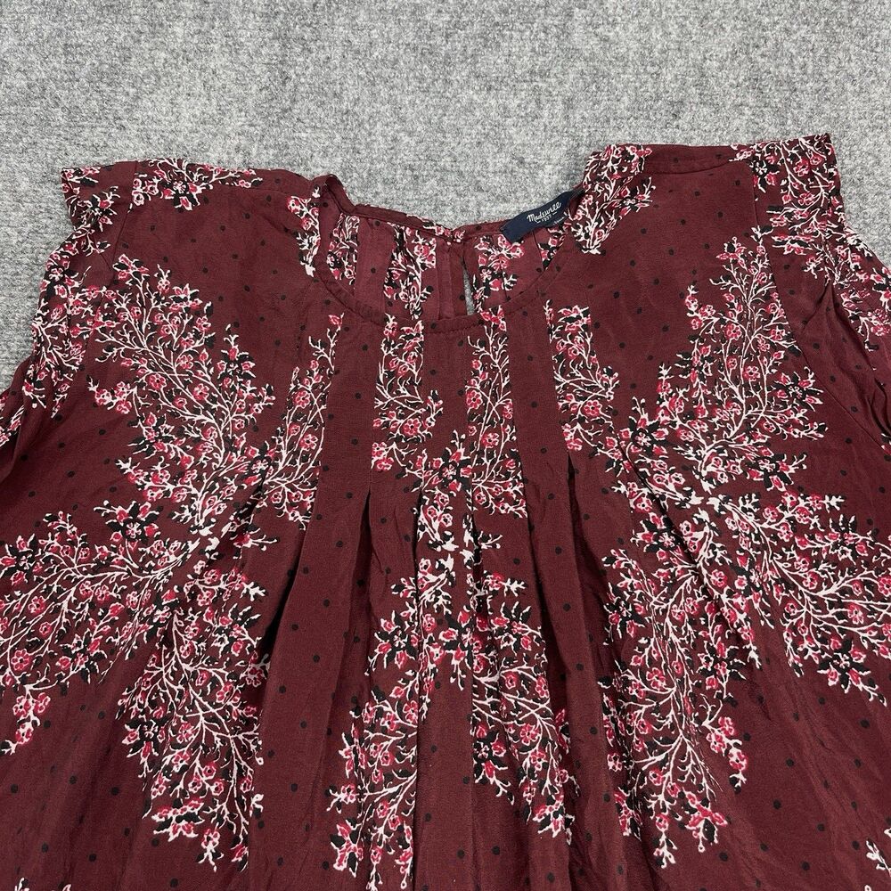 Madewell Silk Garden Top Size Large Maroon Lassi Flower Cap Sleeve Pleated - Picture 2 of 8